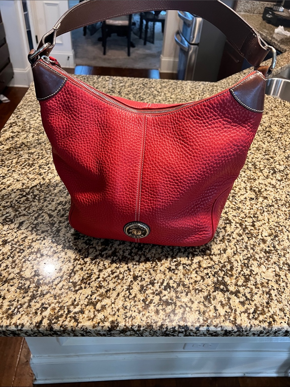 Dooney & Bourke Red Pebbled Leather Shoulder Hobo with Brown Trim